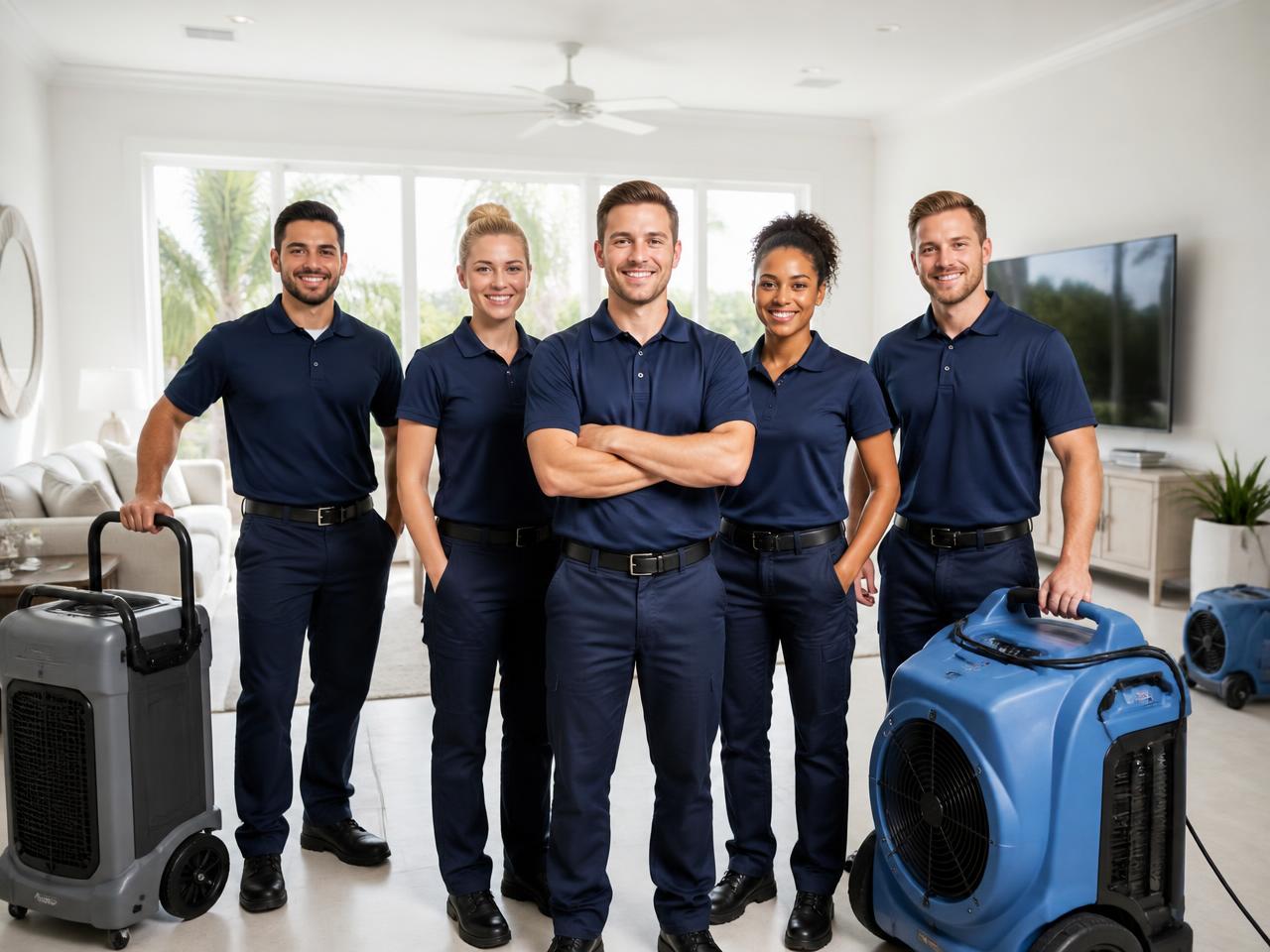 Restoration crew in matching uniforms standing with drying equipment in a bright, restored Florida home