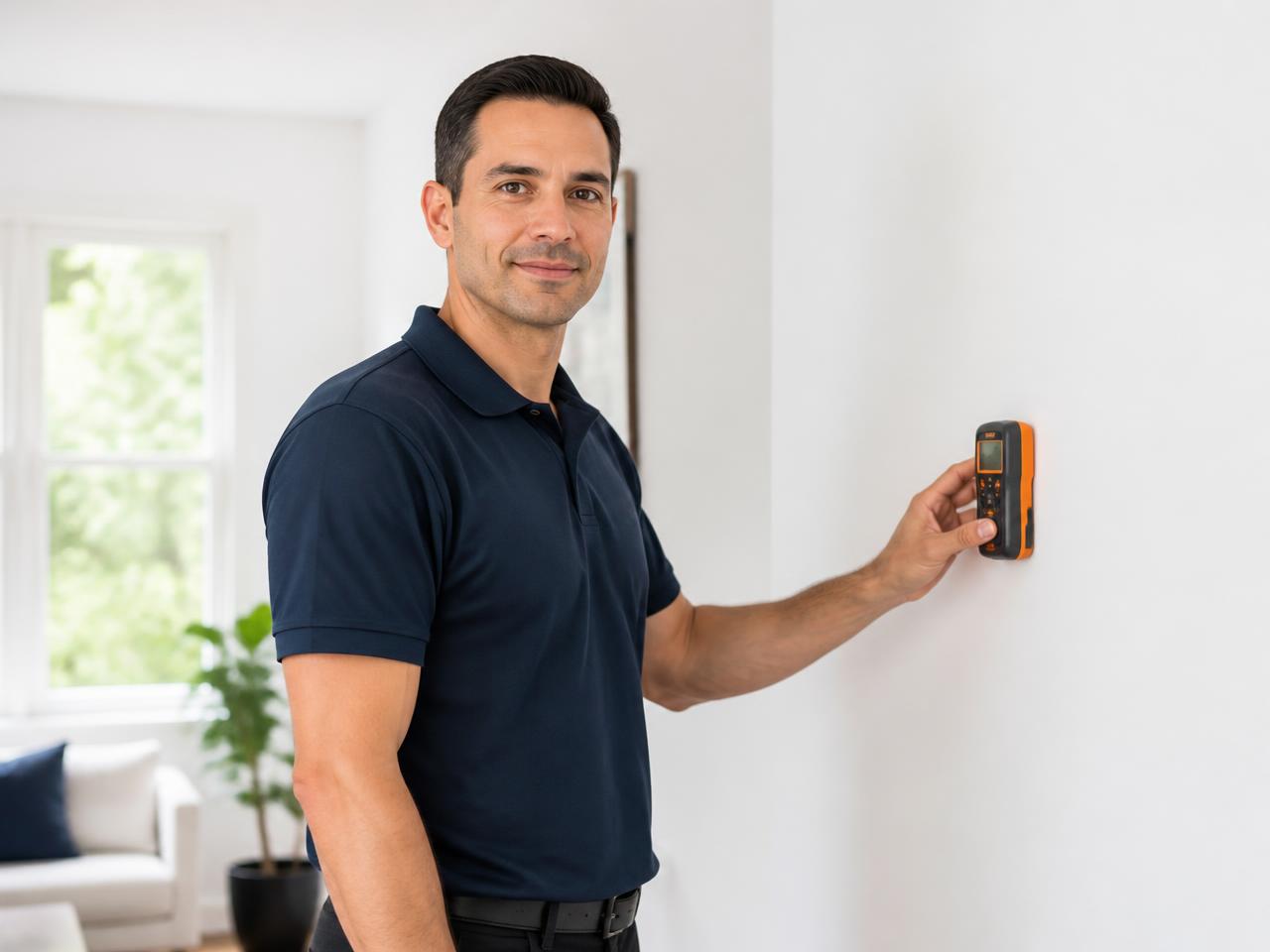 Technician checking a wall with a moisture meter inside a bright, dry home